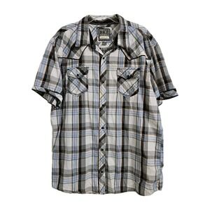 BKE Athletic Fit Shirt Men's XXL Gray White Black Blue Plaid Black Pearl Snap **